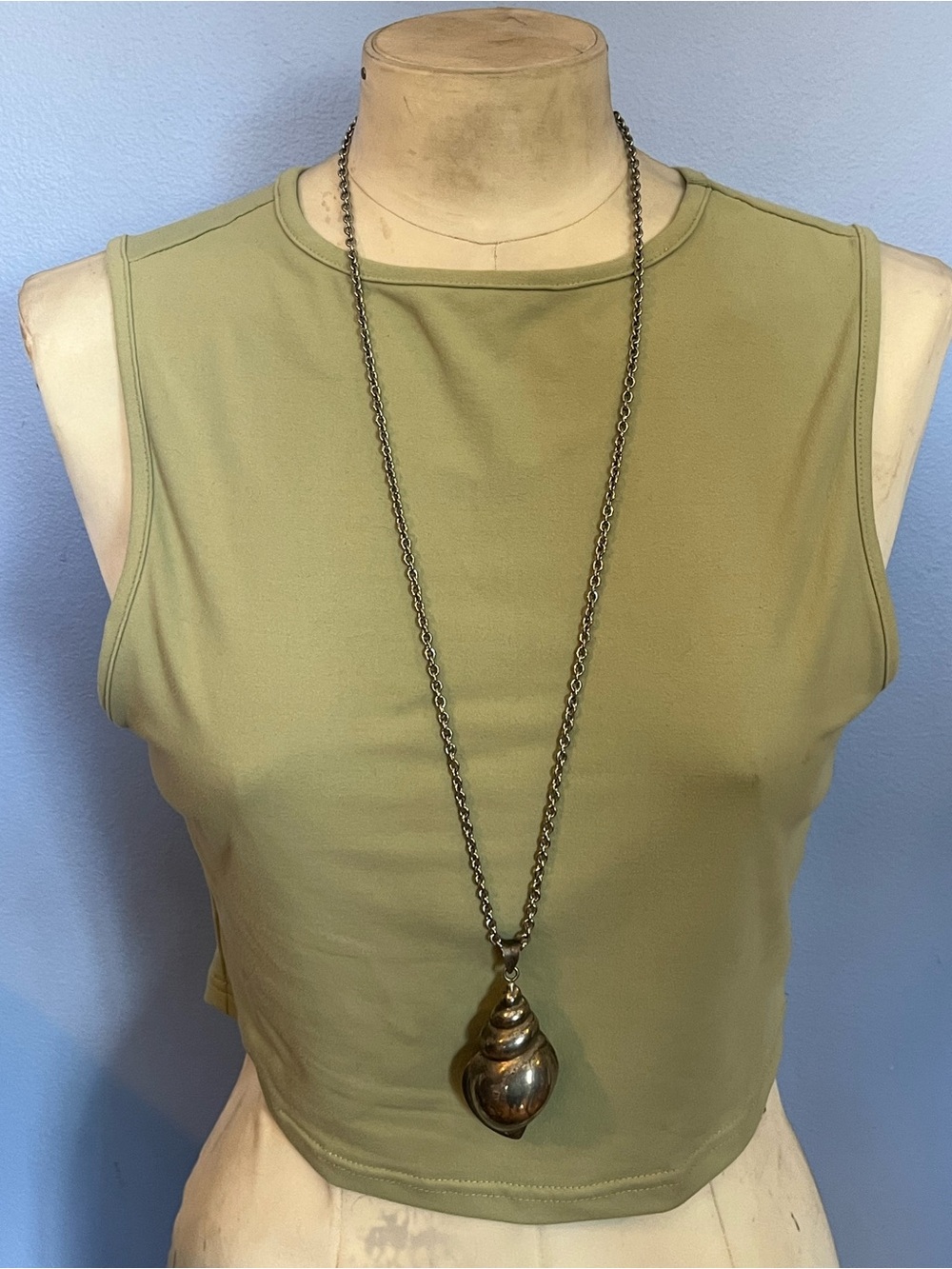Long Pendant Necklace with Silver Tone Shell